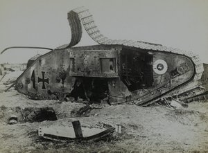 Photograph of disabled British made tank with German markings
